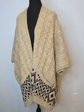 Cream Cable-Knit Open Poncho with Navy Patterned Hem